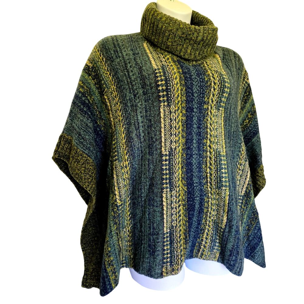 J. Jill Women OS Teal Cyan Yellow Chunky Cotton Poly Acrylic Wool Poncho Sweater